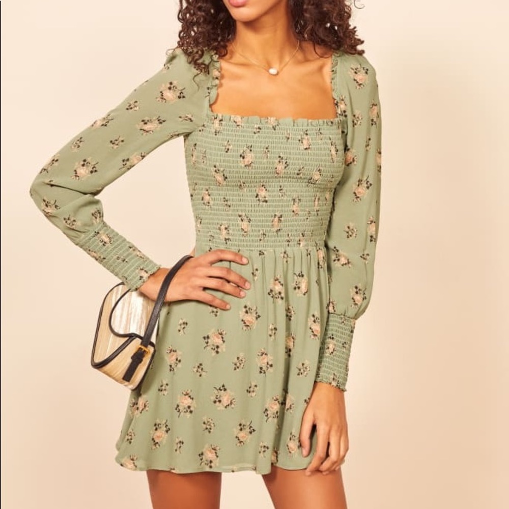 Reformation smocked-front mini-dress